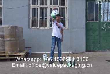 Daily-QC-work-Drop-test-on-standup -spout-doypack-for-2kg-household-cleaning-chemcials