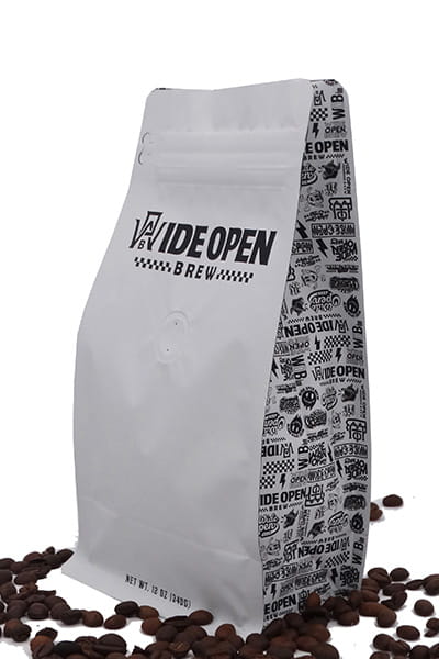 12oz white square bottom Wide Open coffee sachet